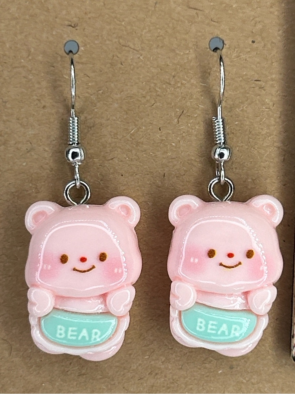 Pink Bear Drop Earrings with Mint Accent Fashion Jewelry